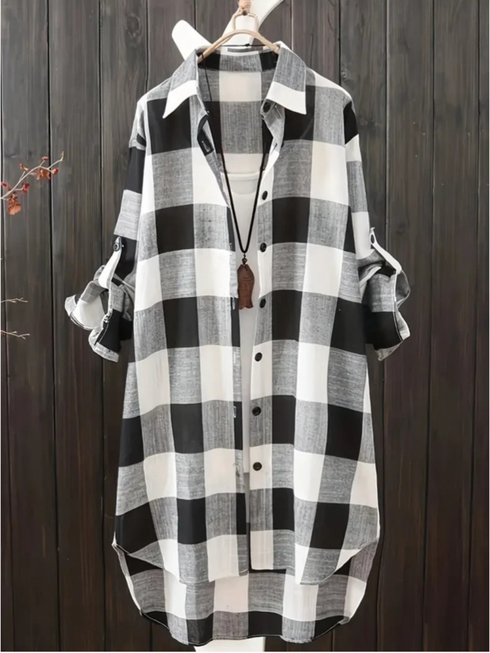 Women’s Black White Buffalo Plaid Long Shirt Tunic 3XL US 18 Roll Sleeve